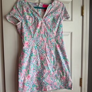 Lilly Pulitzer Pink, Aqua & Green Floral V-Neck Shift Dress